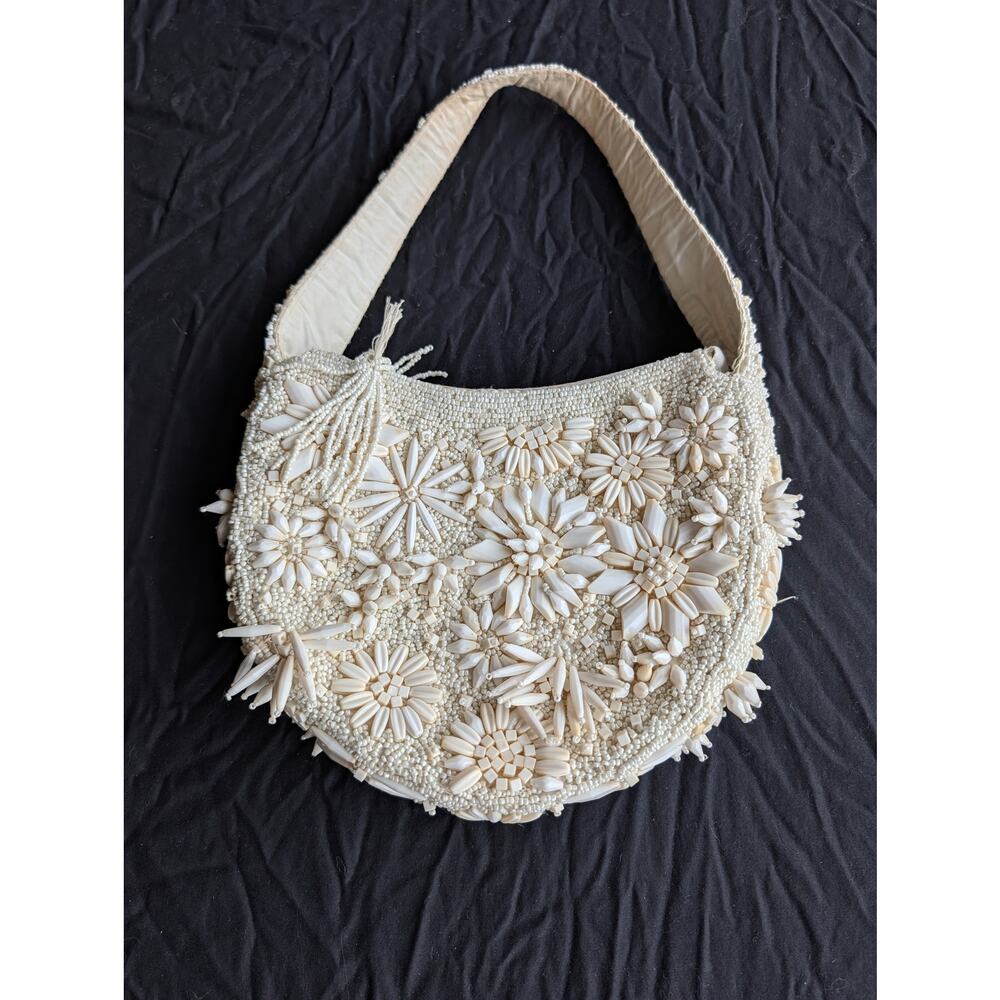 Vintage Ivory Beaded Floral Bridal Purse Coquette Romantic Evening Handbag